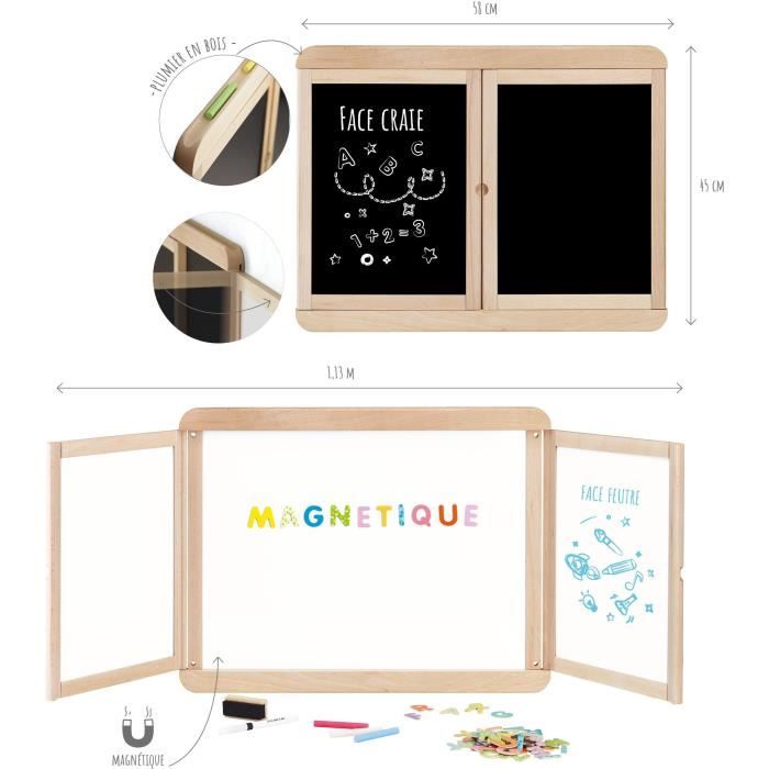 Magnetic triptych wall board - JEUJURA - Magnetic central slate, 2 panels, white and chalk side