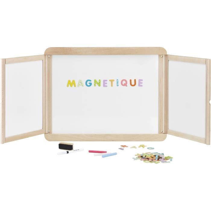 Magnetic triptych wall board - JEUJURA - Magnetic central slate, 2 panels, white and chalk side