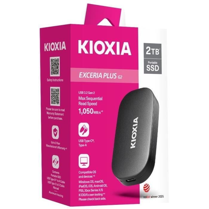 External SSD Hard Drive - Kioxia - EXCERIA Plus G2 Portable SSD - 2 TB - USB 3.2 Gen 2 / USB 3.2 Gen 1 / USB 2.0