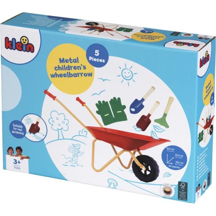 Metal wheelbarrow - KLEIN - 7669 - With 3 tools and 1 pair of gloves - From 3 years old