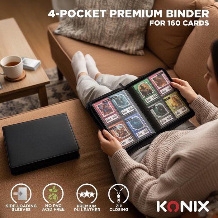 Premium Mini Album for 160 Collectible Cards - Konix - 4 Sleeves, 63 x 88 mm - Magic: The Gathering, Pokémon, Yu-Gi-Oh! - Black