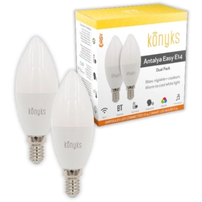 2 Wi-Fi + BT Connected LED Bulbs, E14 LED, Adjustable Colors + White, 5W - Konyks Antalya E14 Max Easy Dual Pack