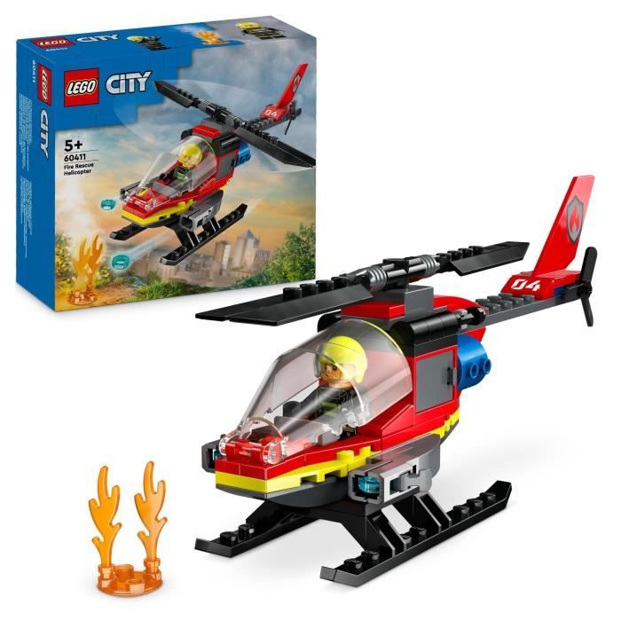 LEGO 60411 City Fire Rescue Helicopter, Toy with Firefighter Pilot Minifigures, Gift for Children