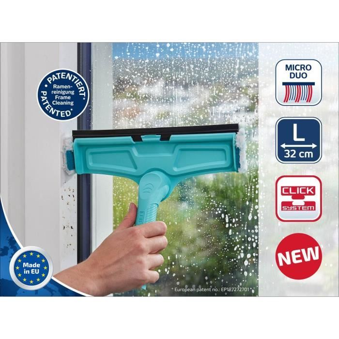 Leifheit 51320 4-in-1 window cleaner with microfibre fleece, 32cm window squeegee with patented frame cleaning function