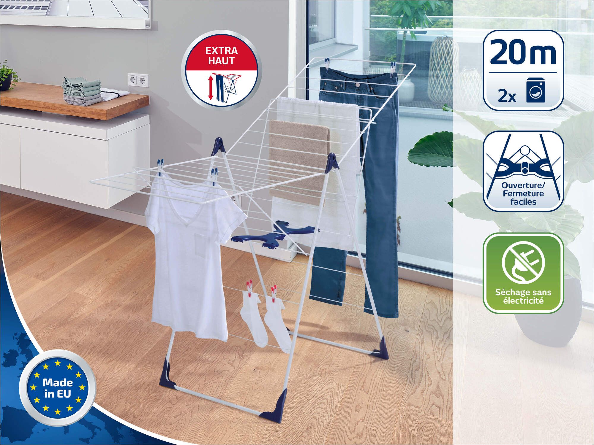 LEIFHEIT 81408 Dryer on semi-automatic closing opening feet 20 meters CLASSIC 200 Flex white & blue