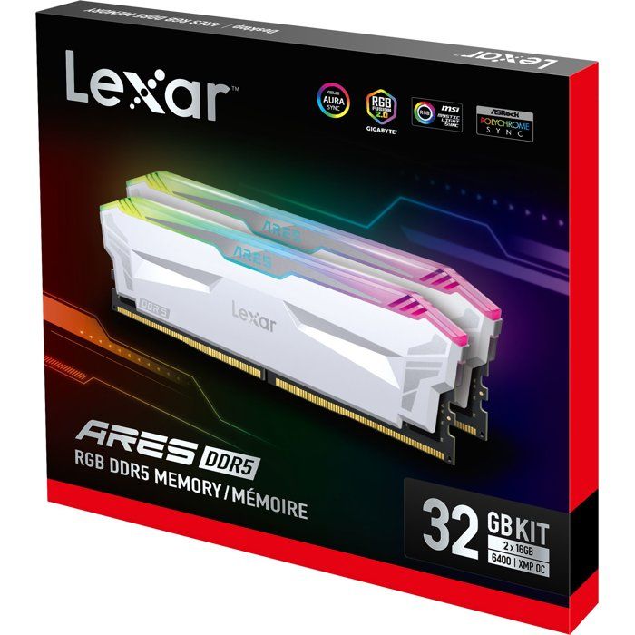 Memory Module - LEXAR Ares - DDR5 6400 - CL32 1.4 V - 32 GB (2x 16 GB) - Heat Sink + RGB - White