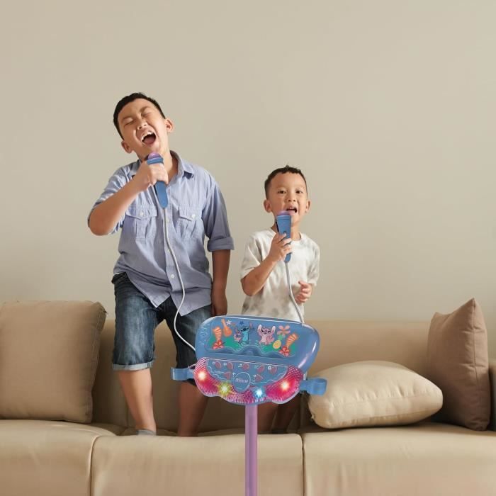 Stitch Microphone on Adjustable Lighted Stand with Speaker, 2 Mics and Vocal Effects, Bluetooth Speaker
