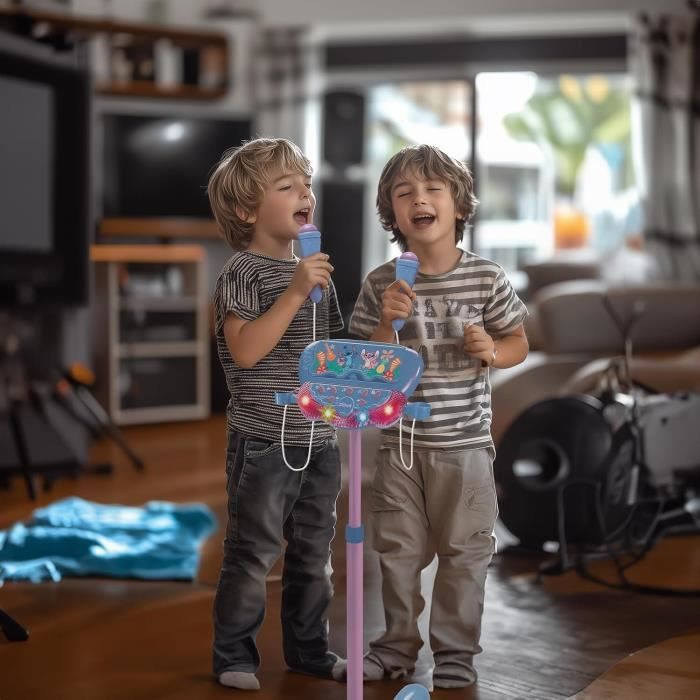 Stitch Microphone on Adjustable Lighted Stand with Speaker, 2 Mics and Vocal Effects, Bluetooth Speaker