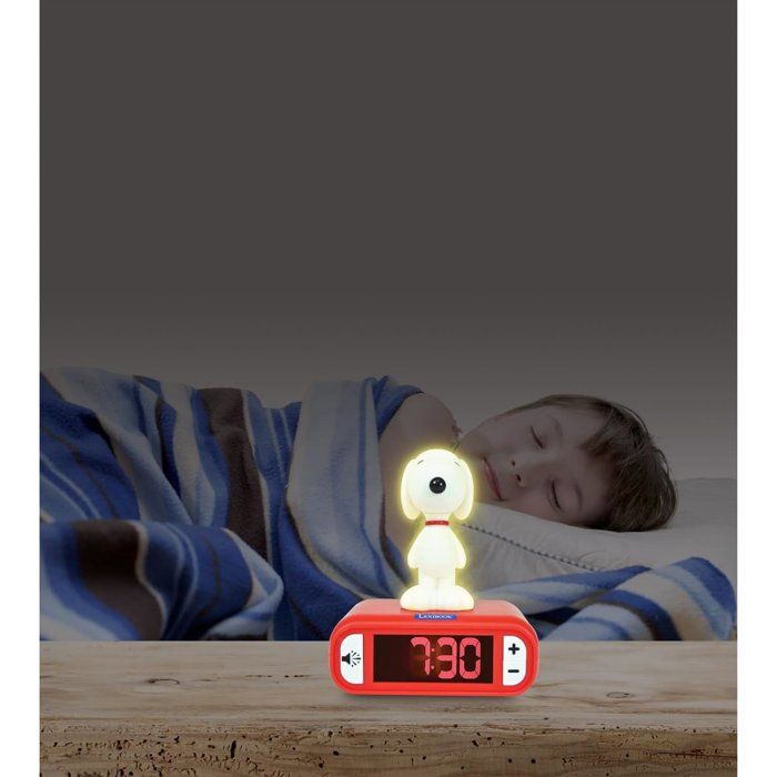 LEXIBOOK - Snoopy Alarm Clock with Night Light - Sounds and Melodies, Bright Backlit LCD Screen - White, Red