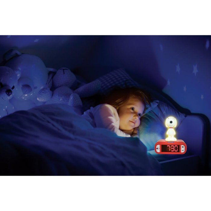 LEXIBOOK - Snoopy Alarm Clock with Night Light - Sounds and Melodies, Bright Backlit LCD Screen - White, Red
