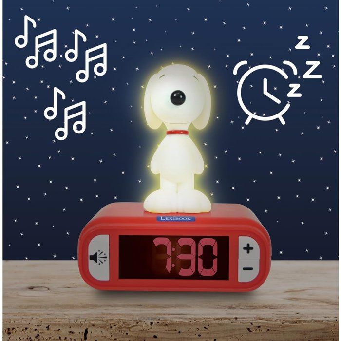 LEXIBOOK - Snoopy Alarm Clock with Night Light - Sounds and Melodies, Bright Backlit LCD Screen - White, Red
