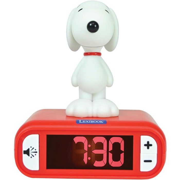 LEXIBOOK - Snoopy Alarm Clock with Night Light - Sounds and Melodies, Bright Backlit LCD Screen - White, Red