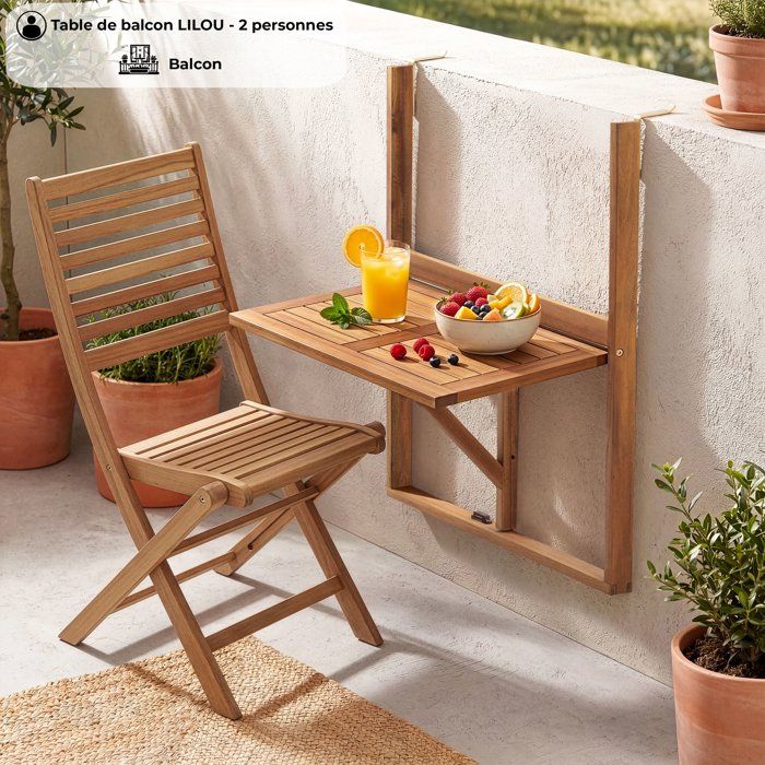 LILOU hanging balcony table - FSC acacia wood - Foldable - 60x44x80 cm