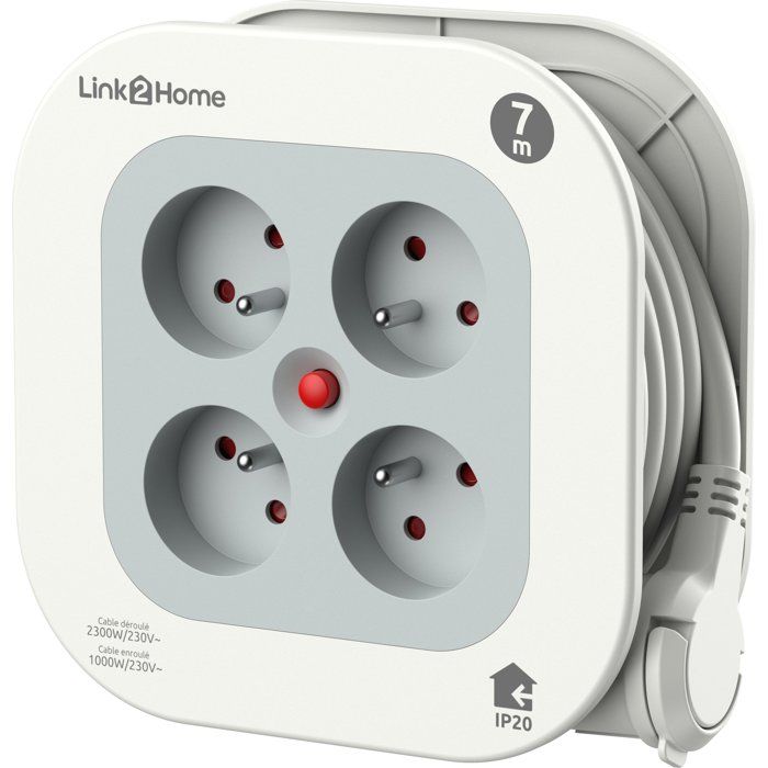 Electric Retractable Cord - LINK2HOME - Compact 7 m - 4 Outlets - Thermal Protection