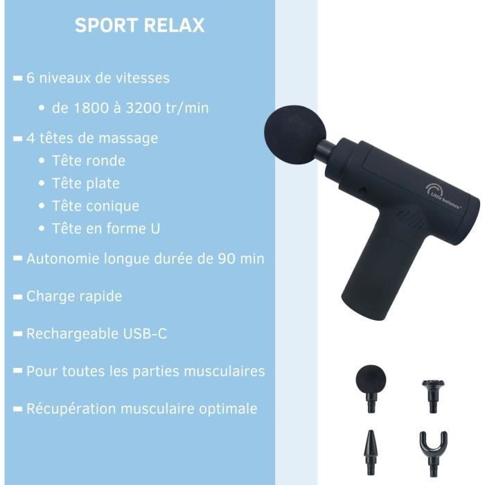 Massage gun - LITTLE BALANCE - Sport Relax - 6 speeds - 4 heads - Black