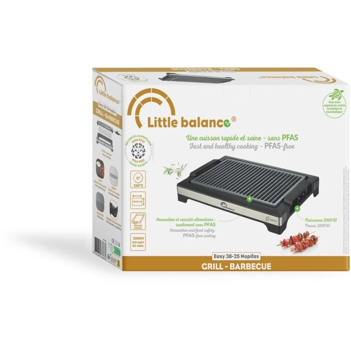 LITTLE BALANCE Electric Barbecue - Easy Nopifas - Cooking surface 38 x 25 cm - PFAS-free microceramic coating - 2000W