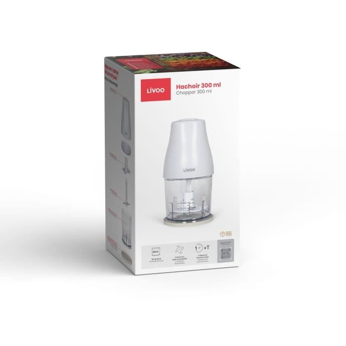 Chopper - LIVOO - 300 ml - 400 W - 1 speed and turbo function - 2 stainless steel blades - White