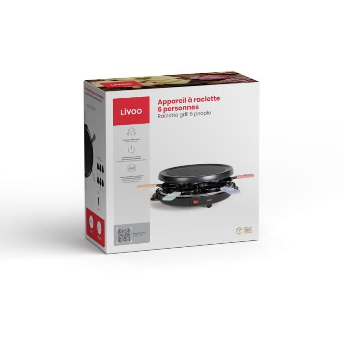 Raclette machine for 6 people - LIVOO - DOC207P - 800W - 6 people - Removable grill door - 6 spatulas and 6 fondue pots