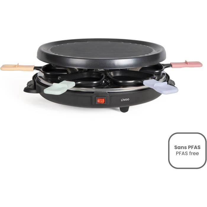 Raclette machine for 6 people - LIVOO - DOC207P - 800W - 6 people - Removable grill door - 6 spatulas and 6 fondue pots