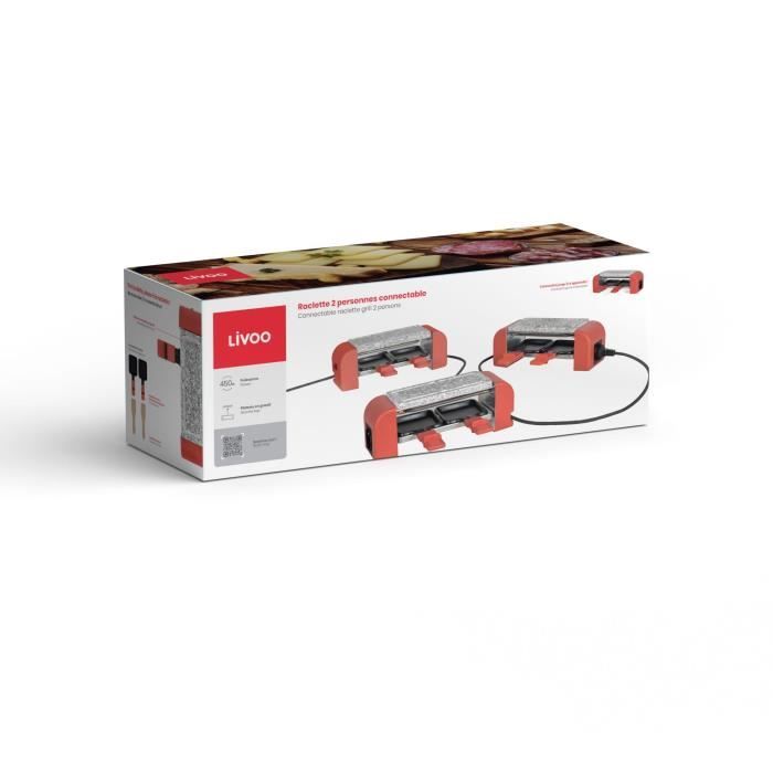 Connectable 2-person raclette - LIVOO - DOC310R - 450W - 2 people - Automatic thermostat - 2 wooden spatulas and 2 fondue pots
