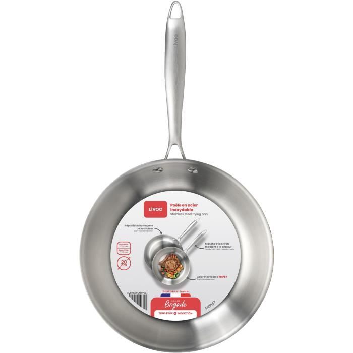 Brigade - 20 cm stainless steel frying pan - LIVOO - MEP157 - Triply stainless steel - Suitable for all hobs including induction - Made in France