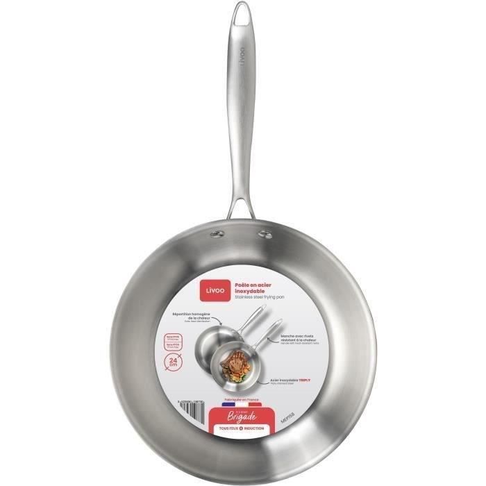 Brigade - 24 cm stainless steel frying pan - LIVOO - MEP158 - Triply stainless steel - Suitable for all hobs including induction - Made in France