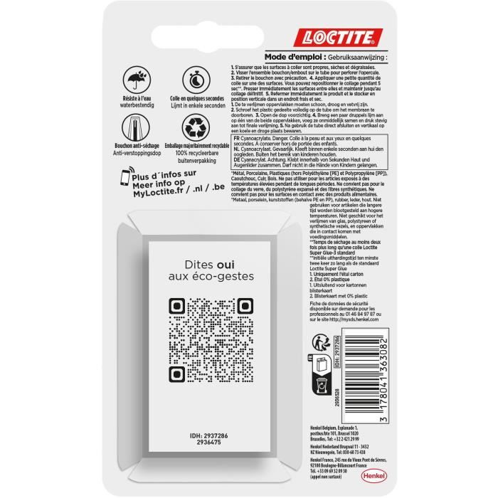 Cyanoacrylate Glues - LOCTITE - SUPERGLUE-3 - Repositionable - Gel 3g - Set of 2 Blister - Box 12uc