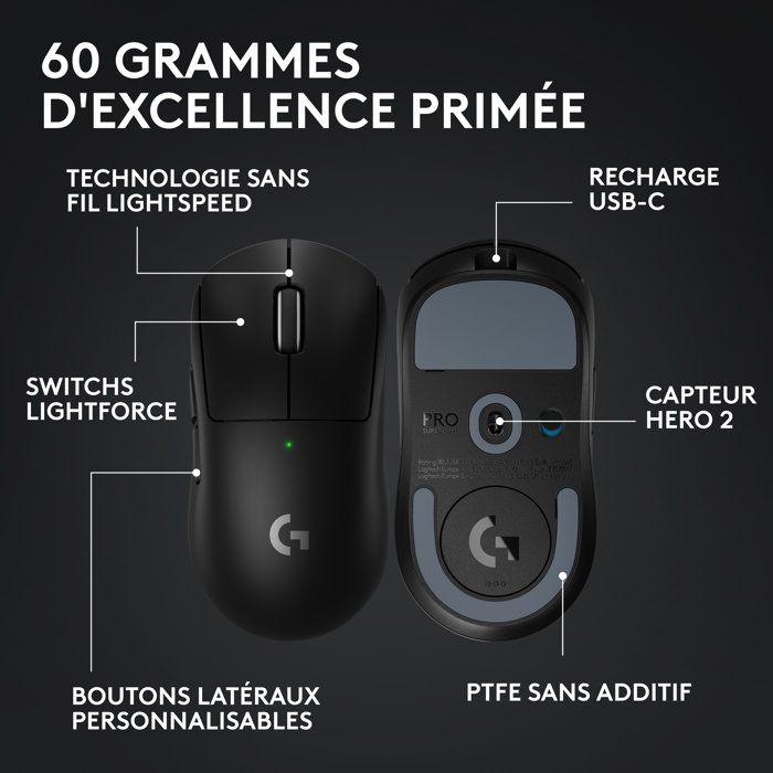 Gaming mouse - Wireless - Logitech G - G PRO X 2 Superlight - Black