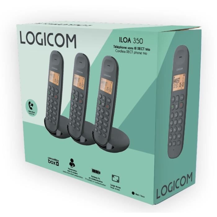 Cordless landline phone - LOGICOM - DECT ILOA 350 TRIO - Black - Without answering machine
