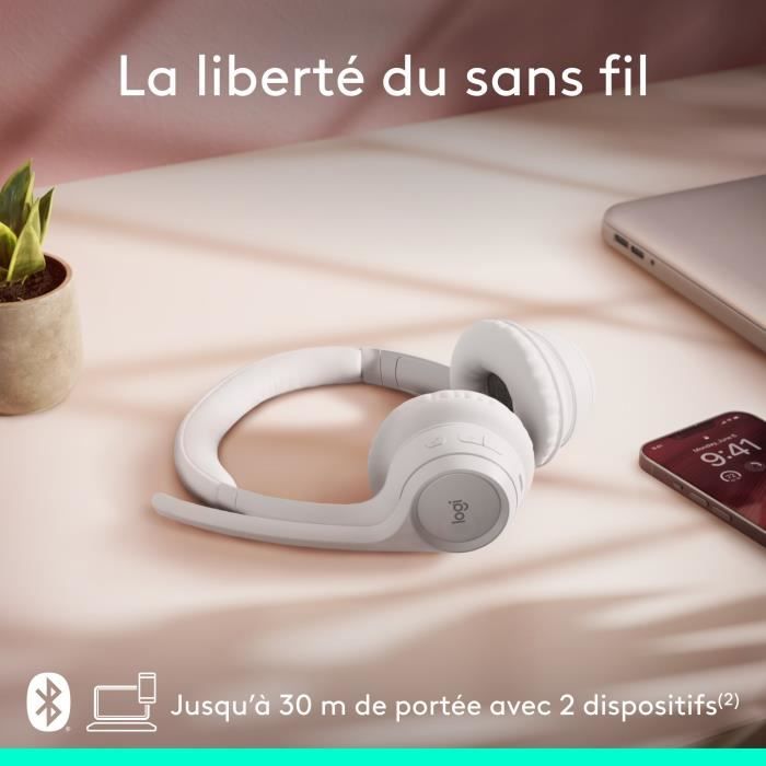 Logitech Zone 300 Wireless Bluetooth PC Headset with Noise-Cancelling Microphone - White