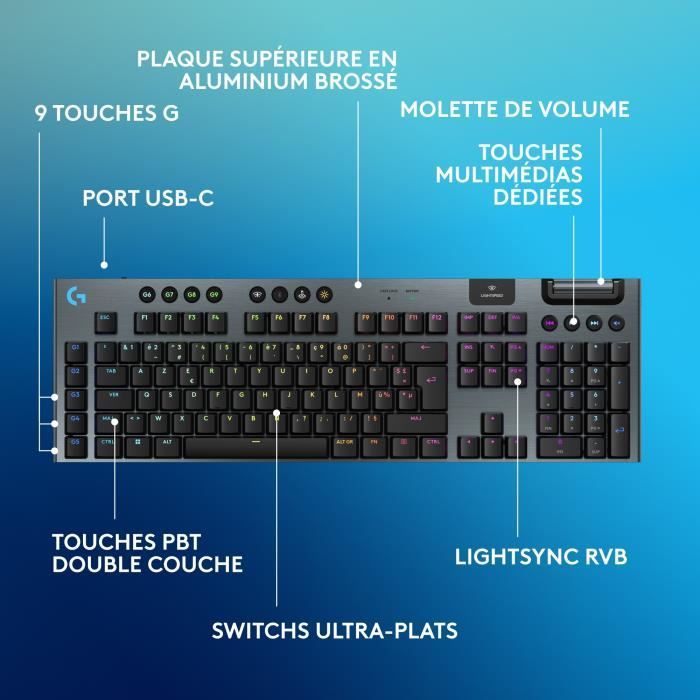 Gaming keyboard - wireless - Logitech G - G915 X - Tactile switch - AZERTY - Black