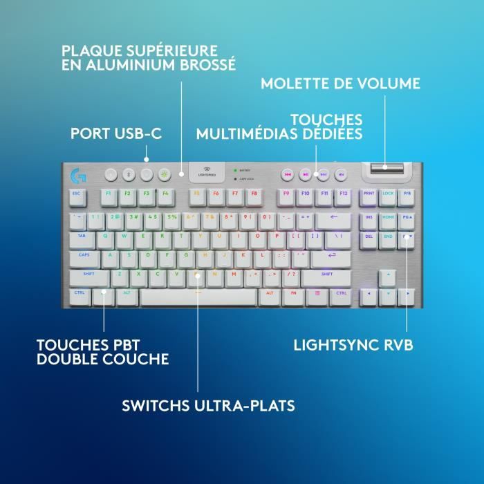 Gaming keyboard - wireless - Logitech G - G915 TKL X - Tactile switch - AZERTY - White