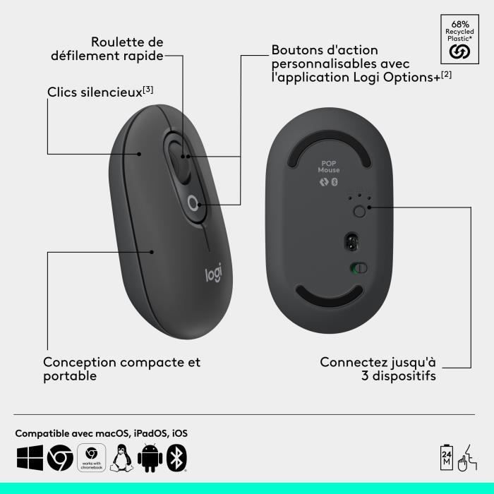 Mouse - Wireless - Logitech - Pop Mouse - Graphite