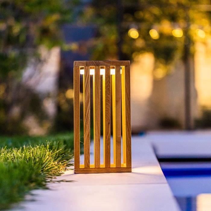 Decorative solar lantern - LUMISKY - CHENNAI - H30 cm - Solid teak wood - Warm white LED