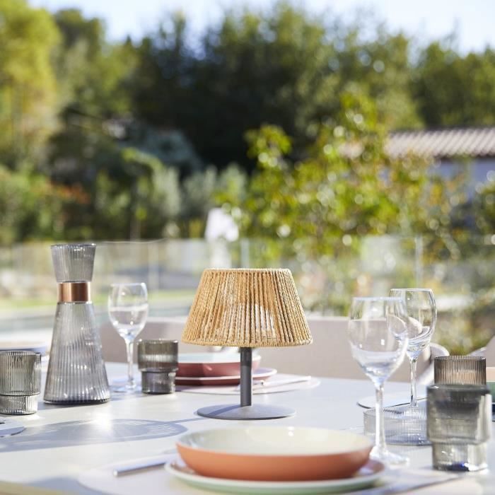Cordless table lamp - LUMISKY - STANDY MINI RAFFY - H22 cm - Natural raffia - Warm white and white LED