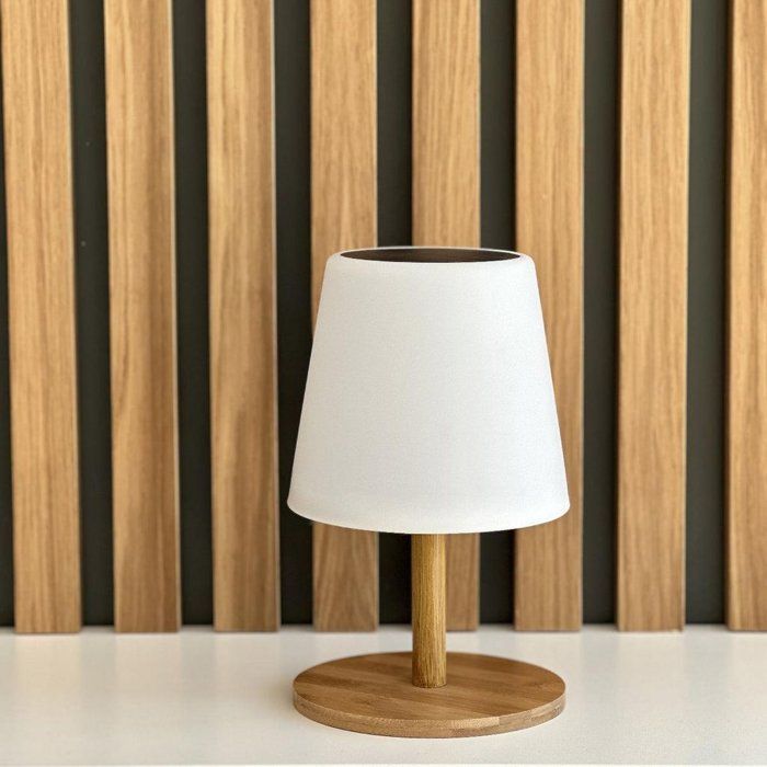 Solar and rechargeable table lamp - LUMISKY - STANDY MINI WOOD SOLAR - H25 cm - Warm white and dimmable white LED