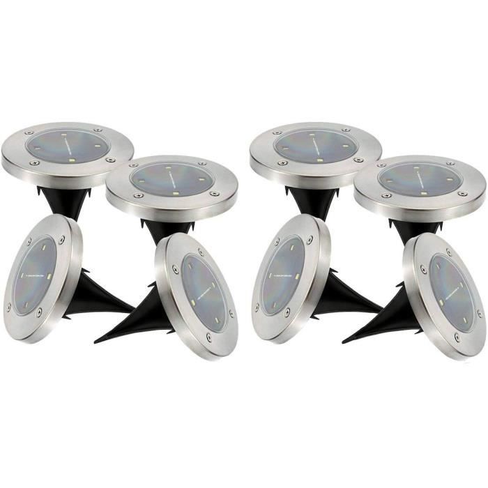 Set of 8 round stainless steel solar spotlights, recessed or spiked - LUMISKY - DECKY - cool white LED - Ø12 cm