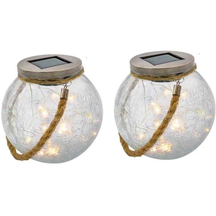 Set of 2 solar balls - LUMISKY - CRACK BALL CORD - H13 cm - Cracked glass to place - Micro rope handle - Warm white LED