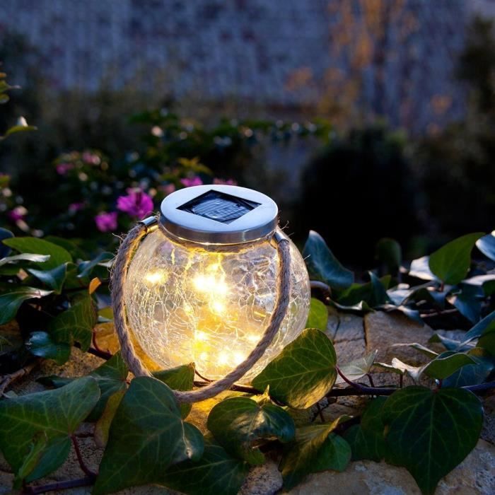 Set of 2 solar balls - LUMISKY - CRACK BALL CORD - H13 cm - Cracked glass to place - Micro rope handle - Warm white LED