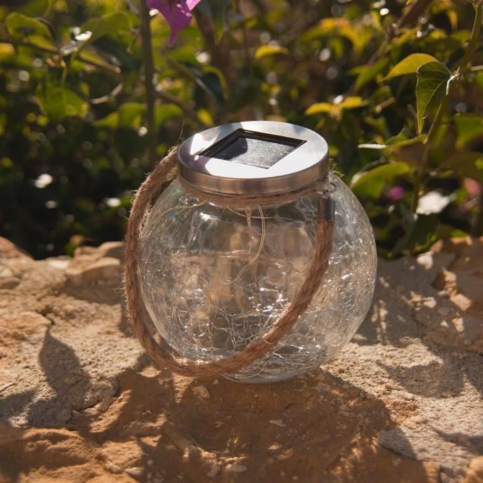 Set of 2 solar balls - LUMISKY - CRACK BALL CORD - H13 cm - Cracked glass to place - Micro rope handle - Warm white LED