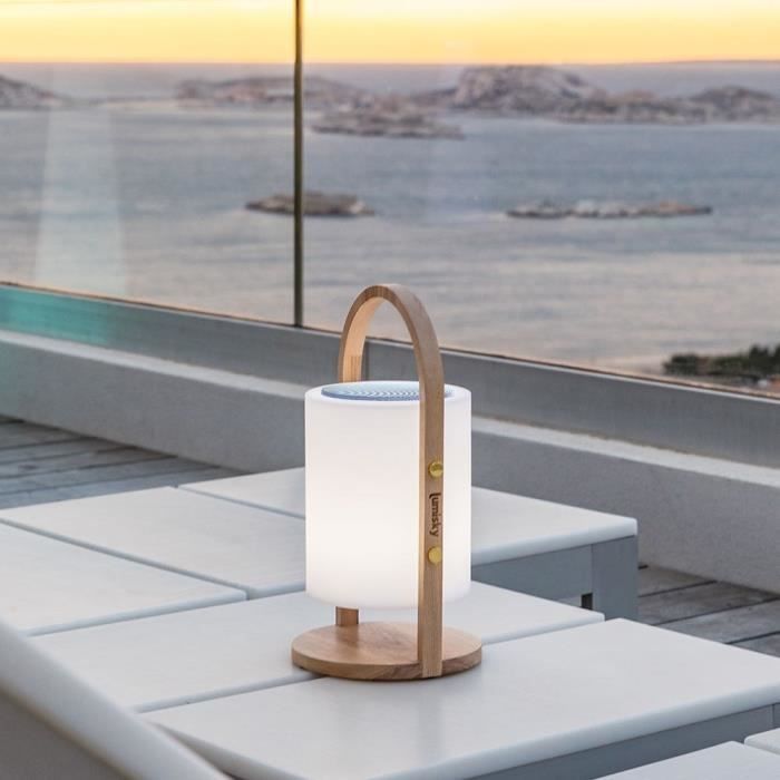 Wireless Bluetooth speaker lamp - LUMISKY - WOODY PLAY - H37 cm - Wooden handle - Dimmable white and multi-color LED