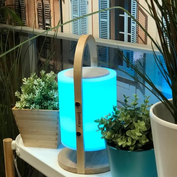 Wireless Bluetooth speaker lamp - LUMISKY - WOODY PLAY - H37 cm - Wooden handle - Dimmable white and multi-color LED
