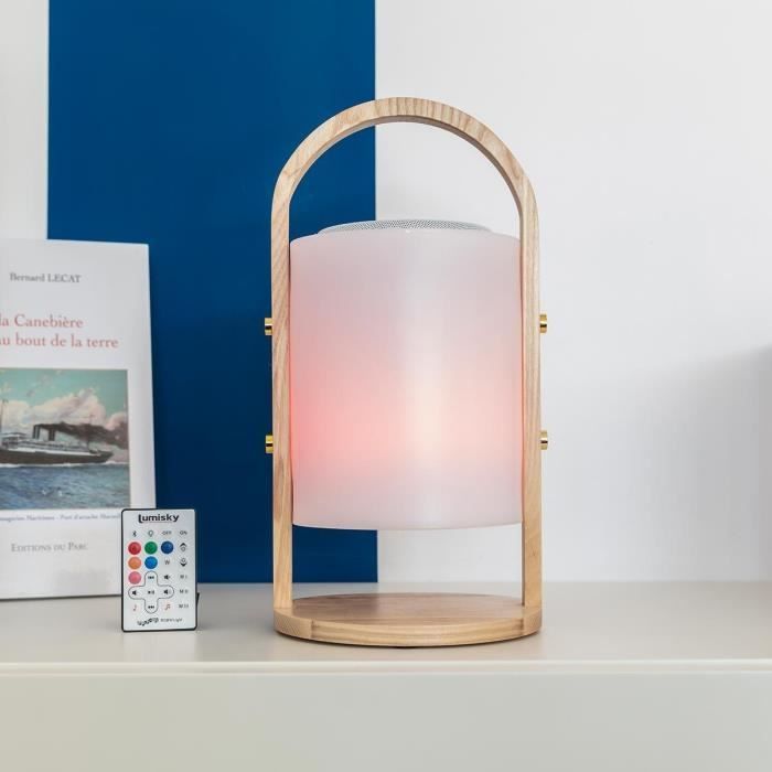 Wireless Bluetooth speaker lamp - LUMISKY - WOODY PLAY - H37 cm - Wooden handle - Dimmable white and multi-color LED
