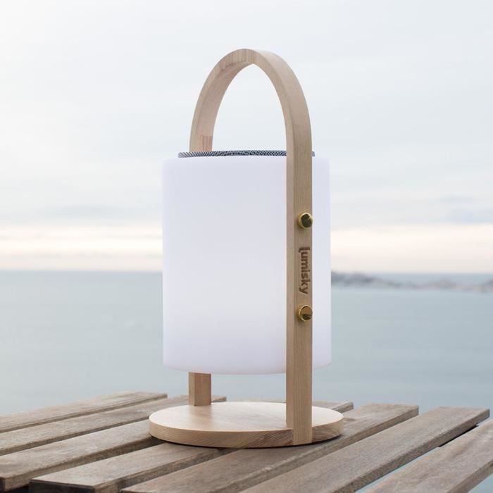 Wireless Bluetooth speaker lamp - LUMISKY - WOODY PLAY - H37 cm - Wooden handle - Dimmable white and multi-color LED