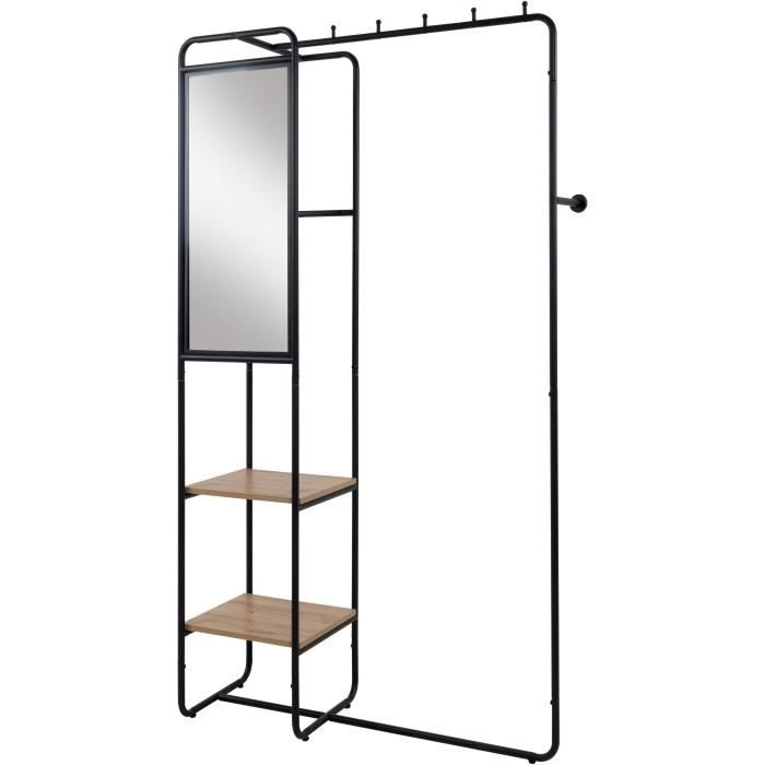 Hallway furniture - LUTON - Metal structure - Black / Artisan oak - 100 x 185 x 37 cm - 2 shelves - 1 mirror