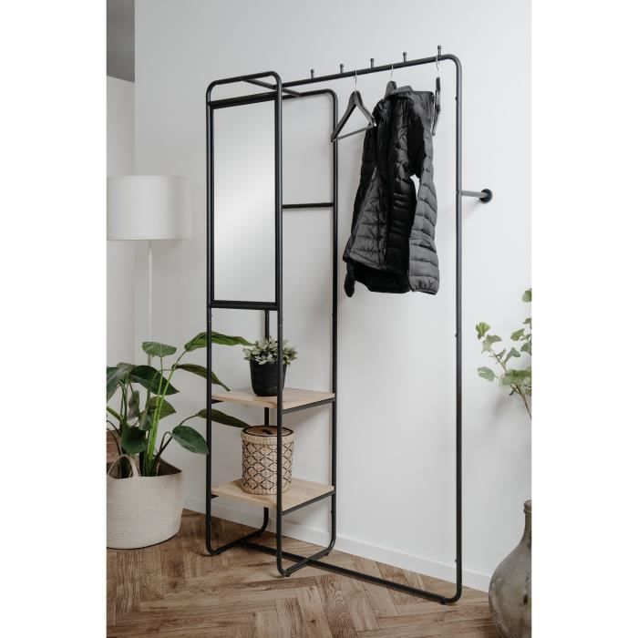 Hallway furniture - LUTON - Metal structure - Black / Artisan oak - 100 x 185 x 37 cm - 2 shelves - 1 mirror