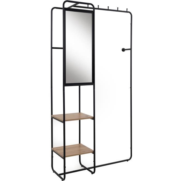Hallway furniture - LUTON - Metal structure - Black / Artisan oak - 100 x 185 x 37 cm - 2 shelves - 1 mirror