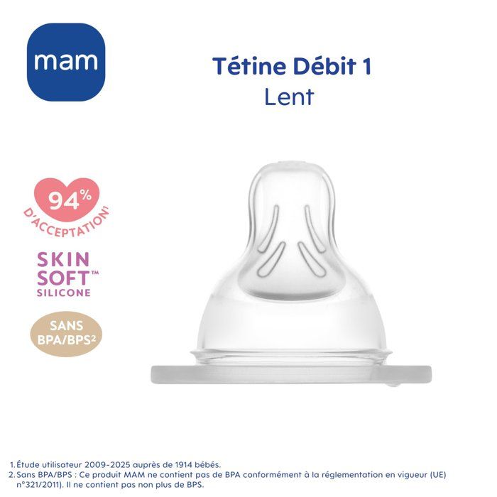 MAM Anatomic teat - Flow rate 1 Slow - Silicone - Set of 2 - Transparent