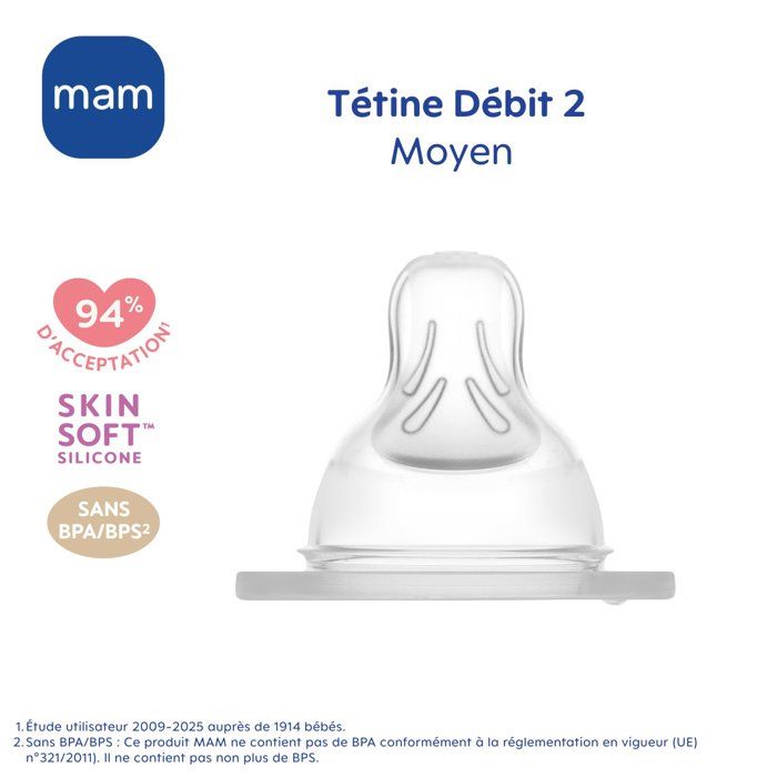 MAM Anatomic Teat - Flow 2 Medium - Silicone - Pack of 2 - Transparent