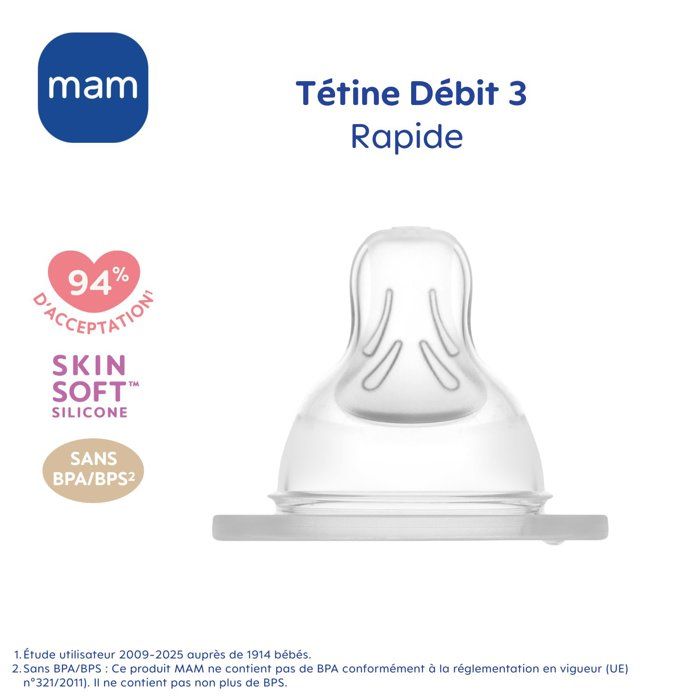 MAM Anatomic Teat - Flow 3 Fast - Silicone - Pack of 2 - Transparent